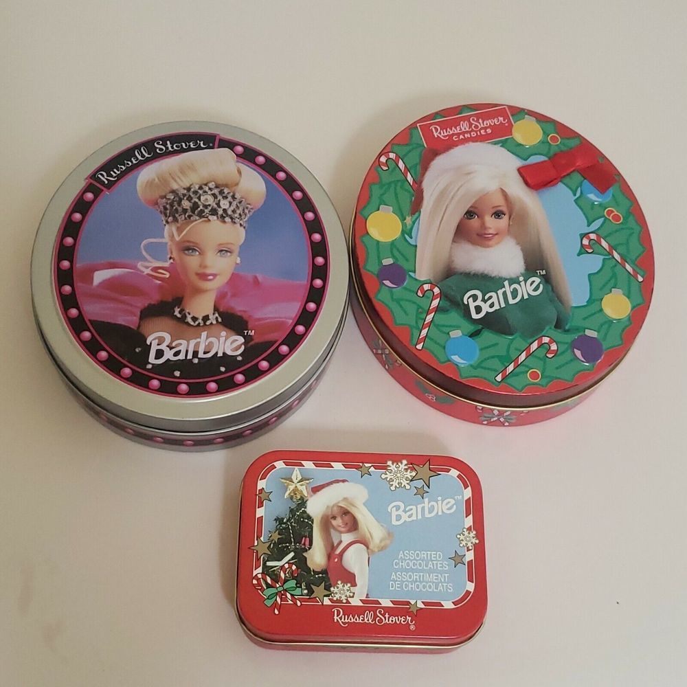 Barbie Russel Stover Lot Of 3 Empty Collectible holiday Christmas Candy‎ Tins